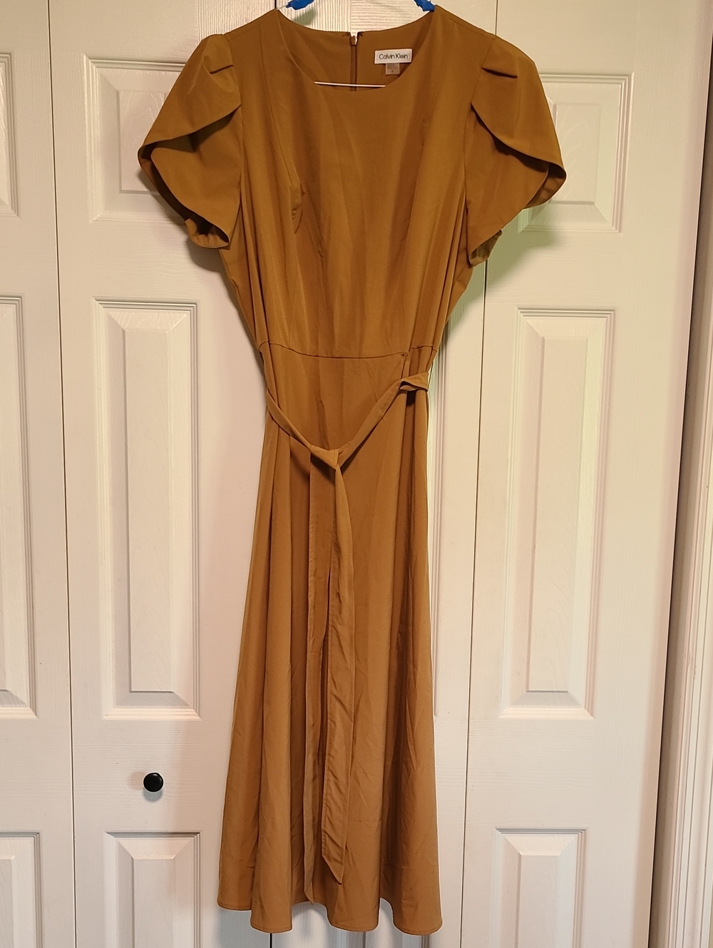 Calvin Klein Women's Camel A-Line Midi Dress Tie Waist sz 14 - Picture 3 of 3
